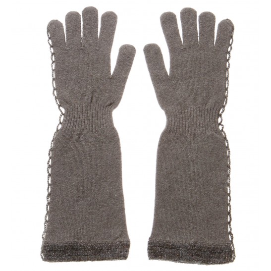 Cashmere Blend gloves with crochet decoration on the side and the bottom packaged in Signature box